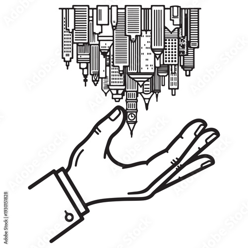 Conceptual line art of a human hand reaching towards an inverted metropolitan skyline representing urban development, real estate management, and architectural vision in a clean vector style.