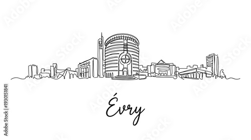 Evry France city skyline continuous line drawing isolated on white background vector illustration