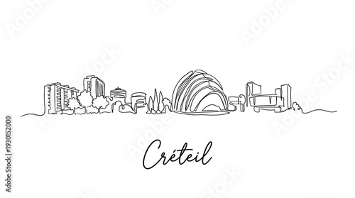 Minimalist Creteil France city skyline panorama in continuous line art vector illustration