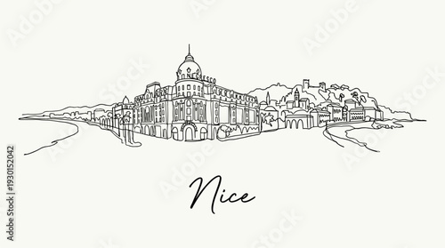 Minimalist Nice France city skyline featuring Hotel Negresco continuous line art vector illustration