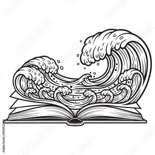 Surreal open book with powerful ocean waves crashing from its pages, black and white line art illustration representing the power of storytelling, imagination, and literary adventure vibes.