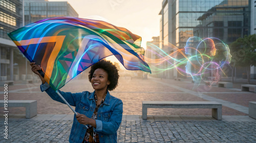 Woman waves South African flag in busy city street at dawn with colorful patterns swirling around her