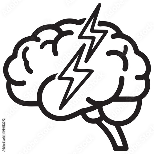 Minimalist human brain line art icon featuring lightning bolts representing brainstorming, mental energy, creative innovation, and neurological activity on a clean white background.