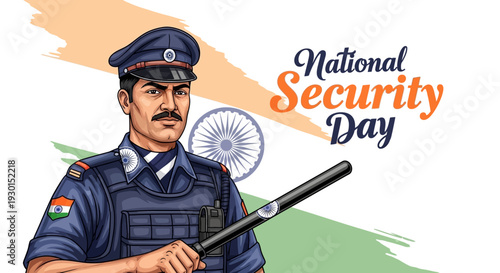Illustration of an Indian security guard in uniform holding a rifle with National Security Day text and Indian flag elements in the background.