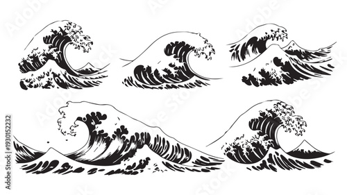 Collection of Hand Drawn Ocean Waves in Traditional Japanese Vintage Style