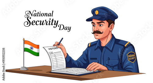 An Indian security officer in uniform sits at a desk, writing on a document with a pen, next to an Indian flag, on National Security Day.