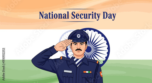Illustration of an Indian security officer saluting in front of the Indian flag for National Security Day with a patriotic design.