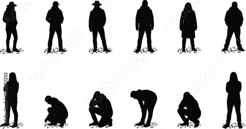 Human silhouette poses, standing crouching positions, posture study illustration, movement analysis concept, body language research, animation reference, artistic figure stances, ground
