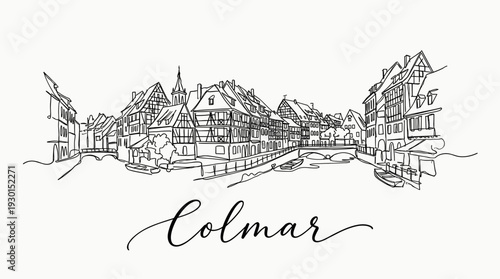 Panoramic Colmar France skyline with traditional half-timbered houses and canal vector illustration