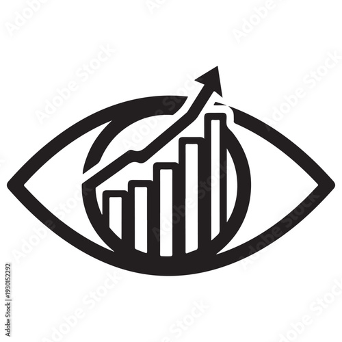 Minimalist business analytics icon featuring a human eye combined with a rising bar chart and growth arrow, representing data monitoring, market observation, and financial forecasting.