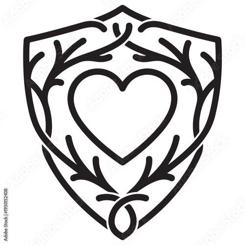 Minimalist black and white line art illustration of a heraldic shield protecting a central heart symbol surrounded by organic vine branches, representing emotional security and love.