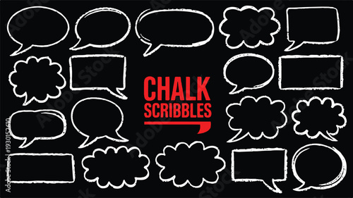 Hand-Drawn Chalk Scribbled Speech Bubbles and Thought Boxes Collection on Black Background