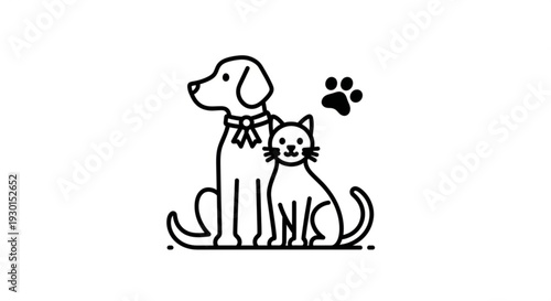 A dog and a cat sitting together with a paw print in the air, viewed from the side in a simple illustration