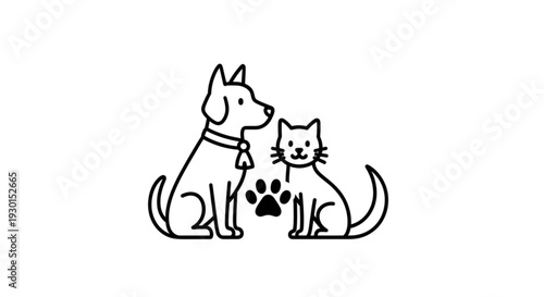 A dog and cat sitting together with a paw print between them, a heartwarming scene of friendship and companionship.