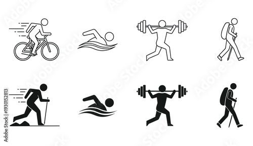 fitness activities icon set, running, walking, swimming, cycling, hiking, gym icon set in outline and silhouette style 