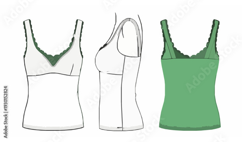 Scoop Neck Women Tank Top with Lace Edge Flat Technical Drawing Vector Set