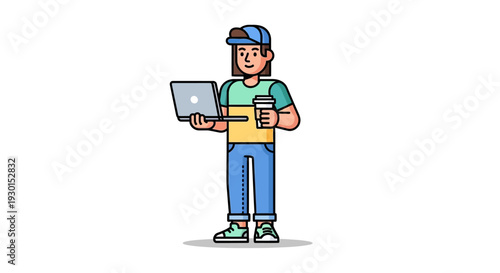 Modern Young Person Working on Laptop & Drinking Coffee - Casual Digital Lifestyle Flat Vector Illustration