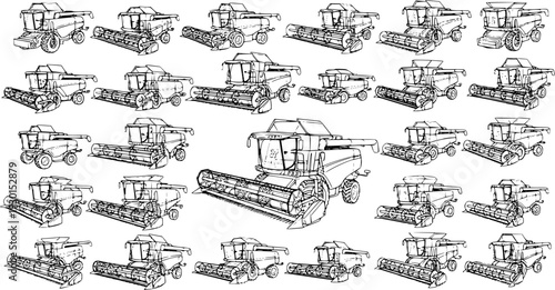 Sketchy line art collection of combine harvesters and agricultural machinery for farming, harvesting, and modern industry on a white background