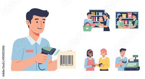 Retail Store Operations, Staff and Customer Service Set. Modern Supermarket and Shop Workers, Cashiers, and Shoppers.