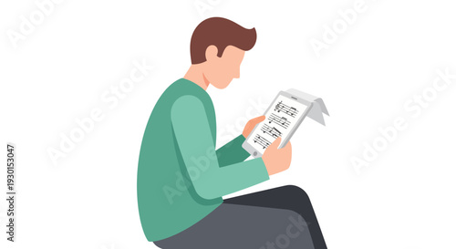 Digital Music Learning: Man Reading Sheet Music on Tablet. Modern Education, Practice, and Technology Illustration.