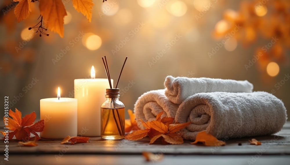 Naklejka premium Warm lit spa scene with white towels, lit candles, and aroma diffuser sticks. Autumn leaves add seasonal touch. Serene relaxation, wellness, and self care setting.