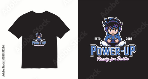 Power-up ready for battle t-shirt design with cute gamer boy in headphones for gaming apparel