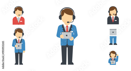 Customer Service & Support Icons - Flat Design Call Center Agents with Headsets and Tablets for Online Assistance