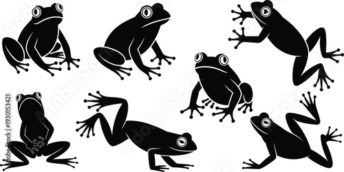 Black frog silhouettes collection in different poses amphibian animal vector illustration isolated on white background for design