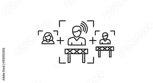 Icon of a person speaking at a podium with audience members.