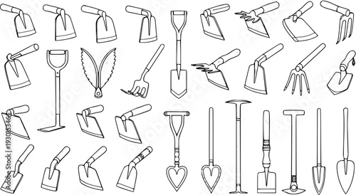 Collection of various garden tools like hoes, shovels, spades, and rakes in a hand-drawn line art style, isolated on a white background.