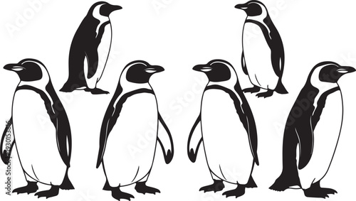 Seven penguins in a row silhouette illustration on white background