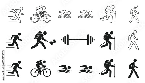fitness activities icon set, running, walking, swimming, cycling, hiking, gym icon set in outline and silhouette style 