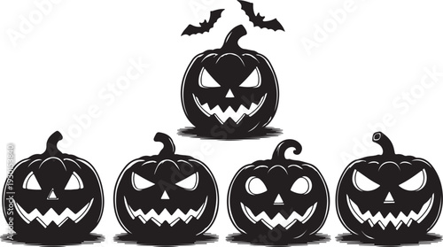 Halloween silhouette of four pumpkins and bats in black on white background