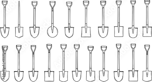 Collection of various shovels and spades. A diverse set of digging tools with different handle and blade designs for gardening, construction, and landscaping projects.