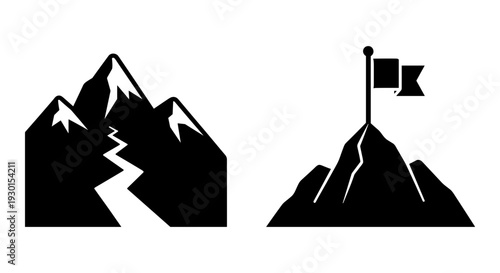 Conquering the peak with a flag marking the summit of a rugged mountain range Vector, illustration