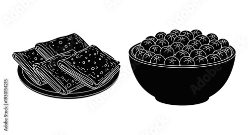 Two contrasting blackberry presentations on plates and in a bowl Vector, illustration