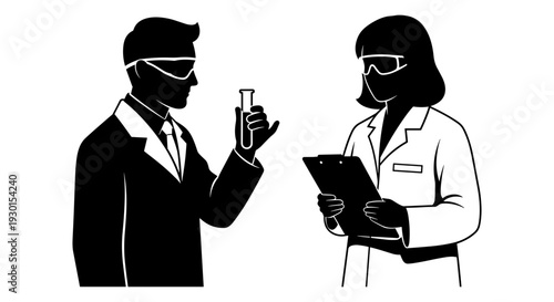 Scientist presenting findings to a businessman in a professional setting Vector, illustration