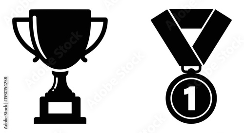 Contrast between trophy cup and first place medal icons Vector, illustration