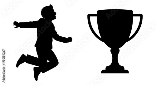 Jubilant athlete celebrating victory with a trophy beside them Vector, illustration