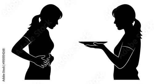 A woman offering food to another woman who appears to be hungry or in discomfort Vector, illustration