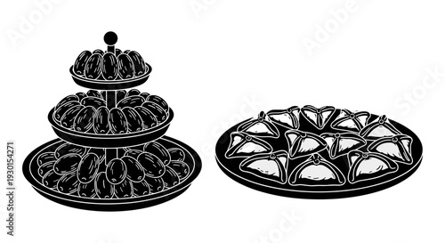 Elegant black metal tiered candle holders and decorative plate with intricate designs Vector, illustration