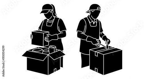 Two workers packaging items into boxes for shipping or delivery Vector, illustration