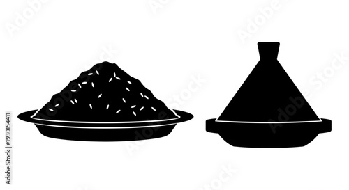 Traditional clay tagine and conical pile of spices for cooking and seasoning Vector, illustration