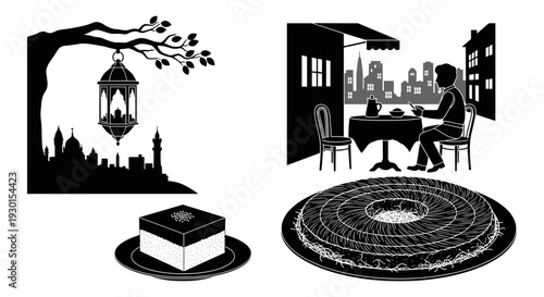 A cozy evening scene featuring a birthday celebration and a quiet outdoor moment. Vector, illustration