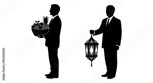 Two men exchanging gifts in formal attire during evening hours Vector, illustration