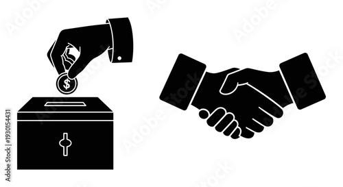 The contrast between voting participation and business agreements in black and white graphics Vector, illustration