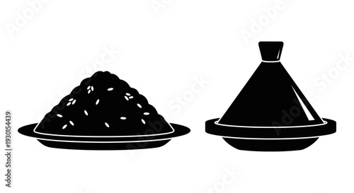 Traditional clay tagine and conical pile of spices or ingredients used in cooking Vector, illustration