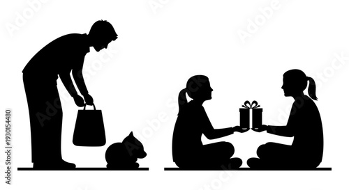 A father giving gifts to his two children during a special occasion. Vector, illustration