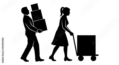 Couple moving boxes and furniture with a cart and luggage Vector, illustration