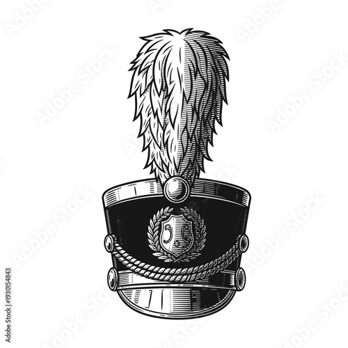 Intricately detailed marching band hat with ornate feather plume, isolated on a white background, showcasing classic design elements and elegant decoration